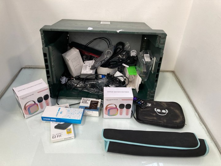 Lot 1035  
            Marchington SR13 - Parcel Delivery Only 

                
QTY OF TECH ITEMS TO INCLUDE MINI KARAOKE MACHINE - MODEL NO. K12: LOCATION - D10