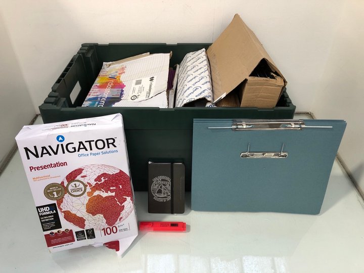 Lot 1054  
            Marchington SR13 - Parcel Delivery Only 

                
QTY OF ASSORTED STATIONERY ITEMS TO INCLUDE NAVIGATOR A4 WHITE COPIER PAPER: LOCA...