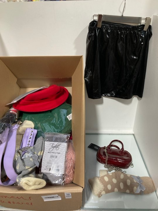 Lot 1107  
            Marchington SR13 - Parcel Delivery Only 

                
QTY OF ASSORTED WOMENS APPAREL TO INCLUDE OUTCAST LACE STOCKINGS IN BLACK - ONE S...