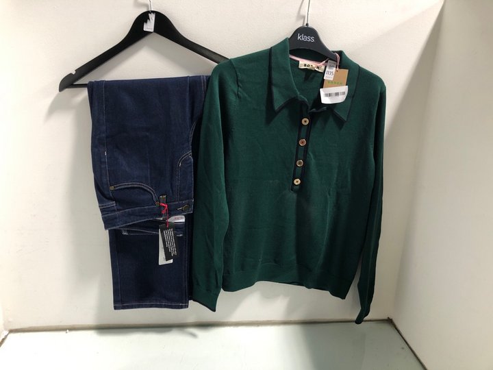 Lot 1135  
            Marchington SR13 - Parcel Delivery Only 

                
BODEN DARK GREEN JUMPER - UK SIZE: MEDIUM TO INCLUDE BEN DE LISI DENIM BLUE TROUS...