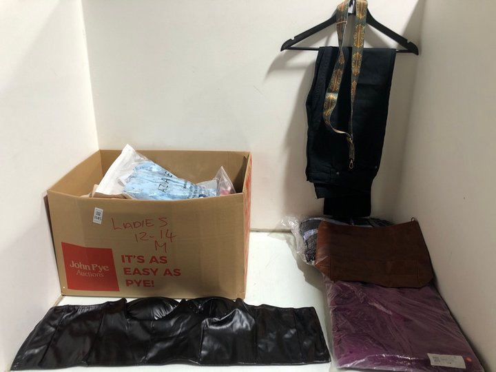 Lot 1145  
            Marchington SR13 - Parcel Delivery Only 

                
QTY OF ASSORTED WOMENS CLOTHING IN VARIOUS SIZES TO INCLUDE FEMME LUXE BLACK PU C...
