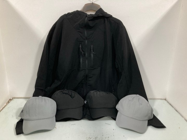 Lot 1156  
            Marchington SR13 - Parcel Delivery Only 

                
CAVE DESIGN BLACK JACKET - UK SIZE: XL TO INCLUDE 4 X HATS IN BLACK AND GREY - ON...