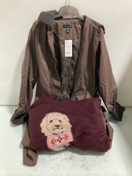 Lot 1176  
            Marchington SR13 - Parcel Delivery Only 

                
NEW LOOK WOMENS BROWN COAT - UK SIZE: 12 TO INCLUDE NEW LOOK WOMENS BURGUNDY JUMP...