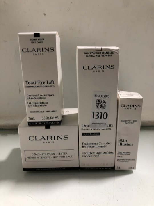 Lot 1310  
            Marchington SR13 - Parcel Delivery Only 

                
4 X ASSORTED CLARINS DEMONSTRATION TESTER BEAUTY ITEMS TO INCLUDE 15ML TOTAL EYE ...