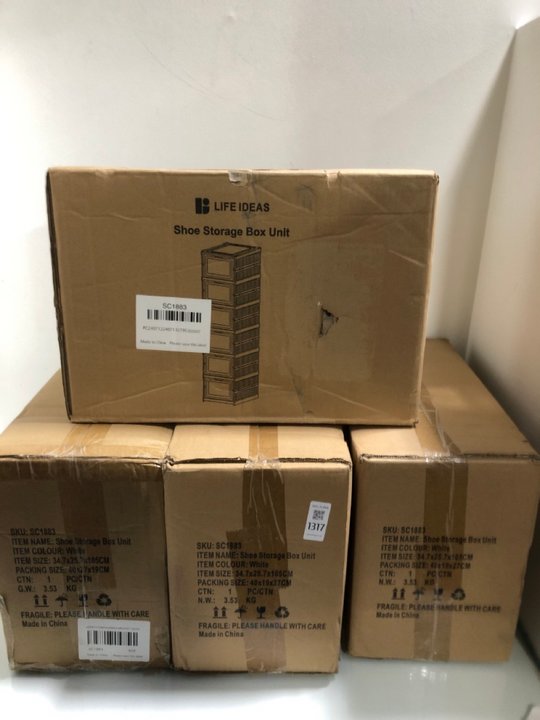 Lot 1317  
            Marchington SR13 - Parcel Delivery Only 

                
4 X SHOE STORAGE BOX UNITS IN WHITE - SIZE 34.7X25.7X105CM: LOCATION - A9