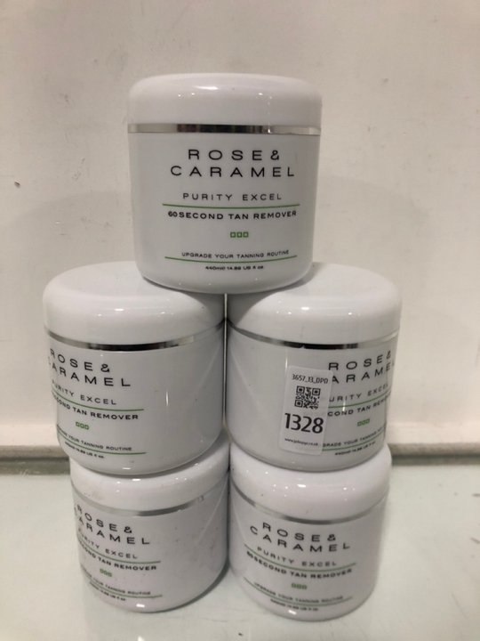 Lot 1328  
            Marchington SR13 - Parcel Delivery Only 

                
5 X ROSE & CARAMEL 440ML PURITY EXCEL 60 SECOND TAN REMOVER - COMBINED ORIGINAL R...