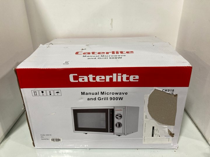 Lot 1338  
            Marchington SR13 - Parcel Delivery Only 

                
CATERLITE 900 WATT MANUAL MICROWAVE & GRILL IN SILVER: LOCATION - A8