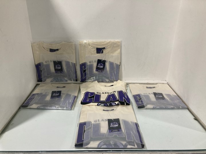 Lot 1342  
            Marchington SR13 - Parcel Delivery Only 

                
6 X GLASGOW CLANS ICE HOCKEY TEAM CHILDRENS T-SHIRTS IN CREAM/PURPLE-AGE 9-10 YRS...