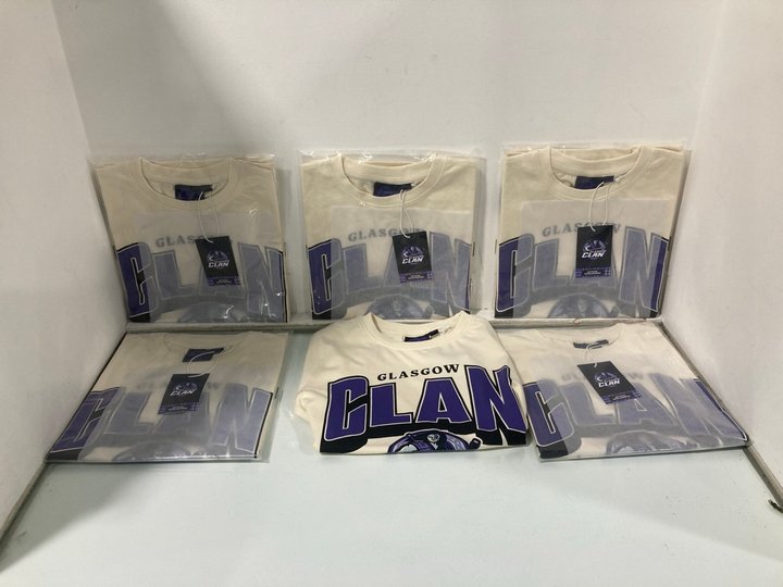Lot 1343  
            Marchington SR13 - Parcel Delivery Only 

                
6 X GLASGOW CLANS ICE HOCKEY TEAM CHILDRENS T-SHIRTS IN CREAM/PURPLE-AGE 11-12 YR...