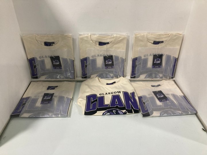 Lot 1344  
            Marchington SR13 - Parcel Delivery Only 

                
6 X GLASGOW CLANS ICE HOCKEY TEAM CHILDRENS T-SHIRTS IN CREAM/PURPLE-AGE 13 YRS: ...