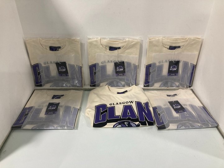 Lot 1345  
            Marchington SR13 - Parcel Delivery Only 

                
6 X GLASGOW CLANS ICE HOCKEY TEAM CHILDRENS T-SHIRTS IN CREAM/PURPLE-AGE 13 YRS: ...