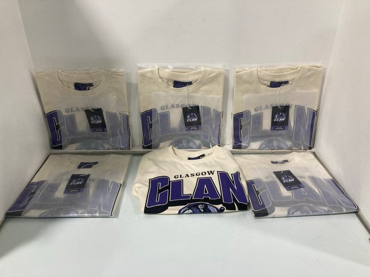 Lot 1346  
            Marchington SR13 - Parcel Delivery Only 

                
6 X GLASGOW CLANS ICE HOCKEY TEAM CHILDRENS T-SHIRTS IN CREAM/PURPLE-AGE 7-8 YRS:...
