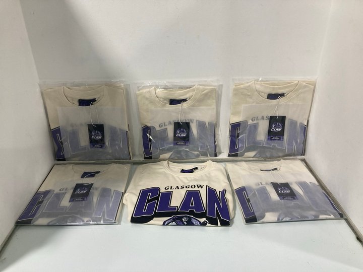 Lot 1347  
            Marchington SR13 - Parcel Delivery Only 

                
6 X GLASGOW CLANS ICE HOCKEY TEAM CHILDRENS T-SHIRTS IN CREAM/PURPLE-AGE 7-8 YRS:...