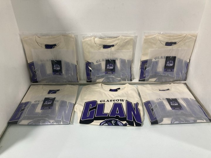 Lot 1348  
            Marchington SR13 - Parcel Delivery Only 

                
6 X GLASGOW CLANS ICE HOCKEY TEAM CHILDRENS T-SHIRTS IN CREAM/PURPLE-AGE 7-8 YRS:...
