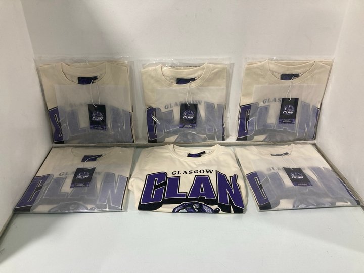 Lot 1349  
            Marchington SR13 - Parcel Delivery Only 

                
6 X GLASGOW CLANS ICE HOCKEY TEAM CHILDRENS T-SHIRTS IN CREAM/PURPLE -AGE 11-12 Y...