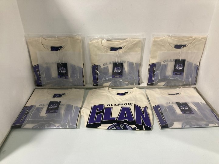 Lot 1350  
            Marchington SR13 - Parcel Delivery Only 

                
6 X GLASGOW CLANS ICE HOCKEY TEAM CHILDRENS T-SHIRTS IN CREAM/PURPLE IN VARIOUS A...