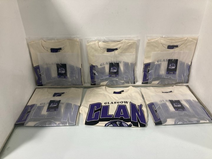 Lot 1352  
            Marchington SR13 - Parcel Delivery Only 

                
6 X GLASGOW CLANS ICE HOCKEY TEAM CHILDRENS T-SHIRTS IN CREAM/PURPLE-AGE 11-12 YR...