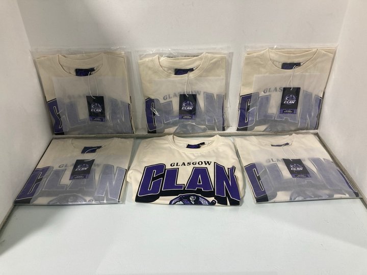 Lot 1353  
            Marchington SR13 - Parcel Delivery Only 

                
6 X GLASGOW CLANS ICE HOCKEY TEAM CHILDRENS T-SHIRTS IN CREAM/PURPLE-AGE 9-10 YRS...