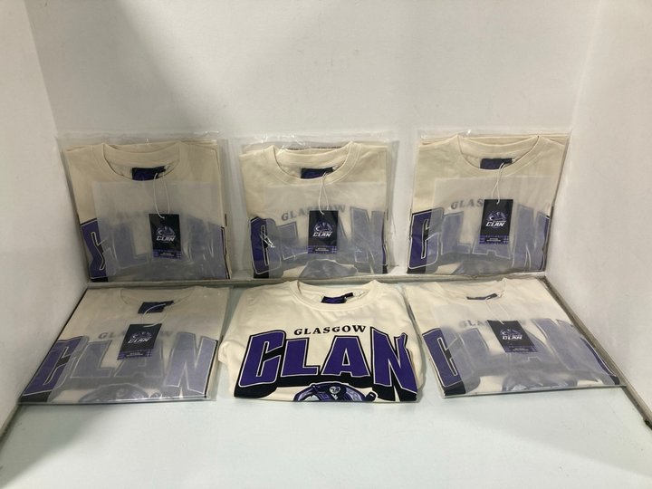 Lot 1354  
            Marchington SR13 - Parcel Delivery Only 

                
6 X GLASGOW CLANS ICE HOCKEY TEAM CHILDRENS T-SHIRTS IN CREAM/PURPLE IN VARIOUS A...