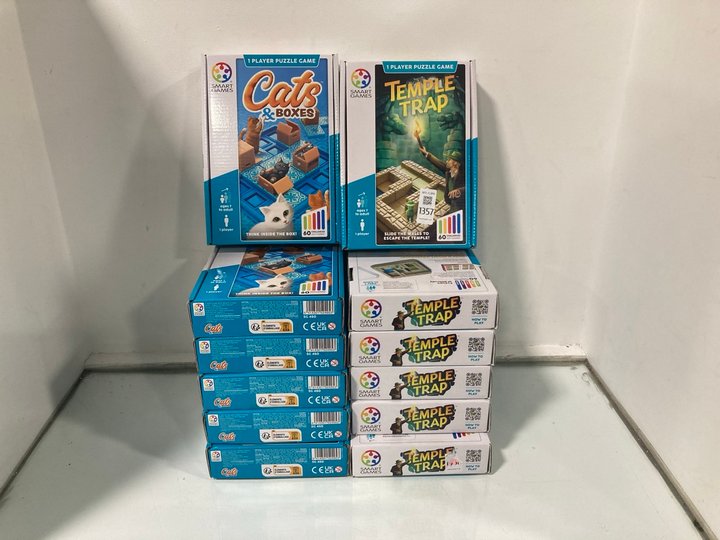 Lot 1357  
            Marchington SR13 - Parcel Delivery Only 

                
6 X SMART GAMES TEMPLE TRAP BOARD GAMES TO INCLUDE 6 X SMART GAMES CATS & BOXES B...