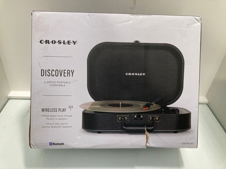 Lot 142  
            Marchington SR13 - Parcel Delivery Only 

                
CROSLEY 3 SPEED PORTABLE TURNTABLE WITH BLUETOOTH: LOCATION - C16