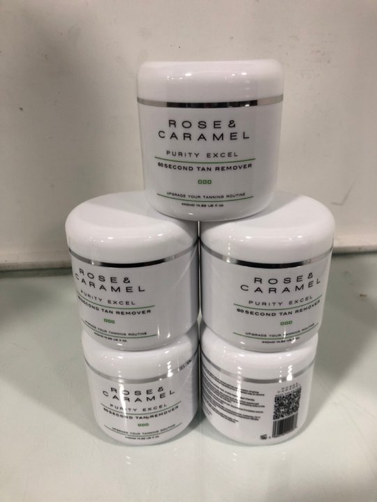 Lot 1443  
            Marchington SR13 - Parcel Delivery Only 

                
5 X ROSE & CARAMEL 440ML PURITY EXCEL 60 SECOND TAN REMOVER - COMBINED ORIGINAL R...