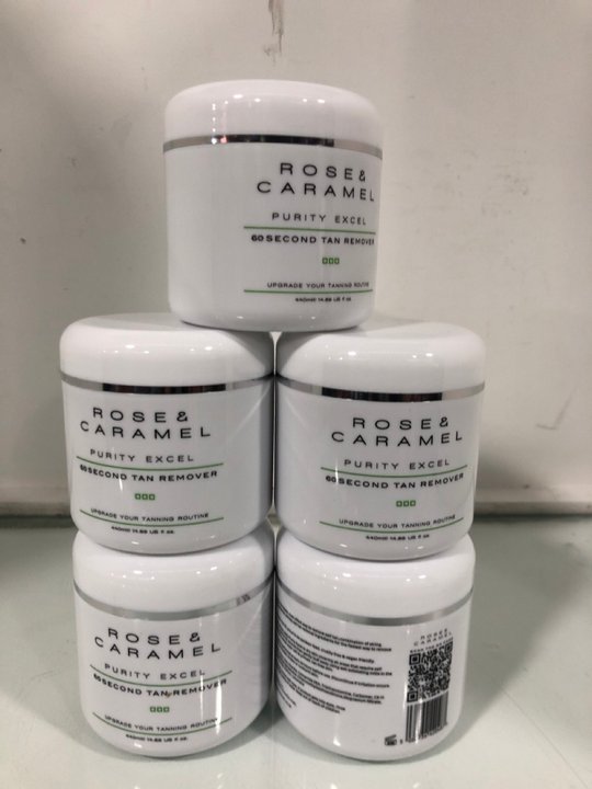 Lot 1444  
            Marchington SR13 - Parcel Delivery Only 

                
5 X ROSE & CARAMEL 440ML PURITY EXCEL 60 SECOND TAN REMOVER - COMBINED ORIGINAL R...