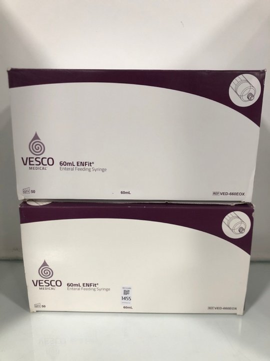 Lot 1455  
            Marchington SR13 - Parcel Delivery Only 

                
2 X VESCO MEDICAL 50 PACK 60ML ENTERAL FEEDING SYRINGES: LOCATION - A3