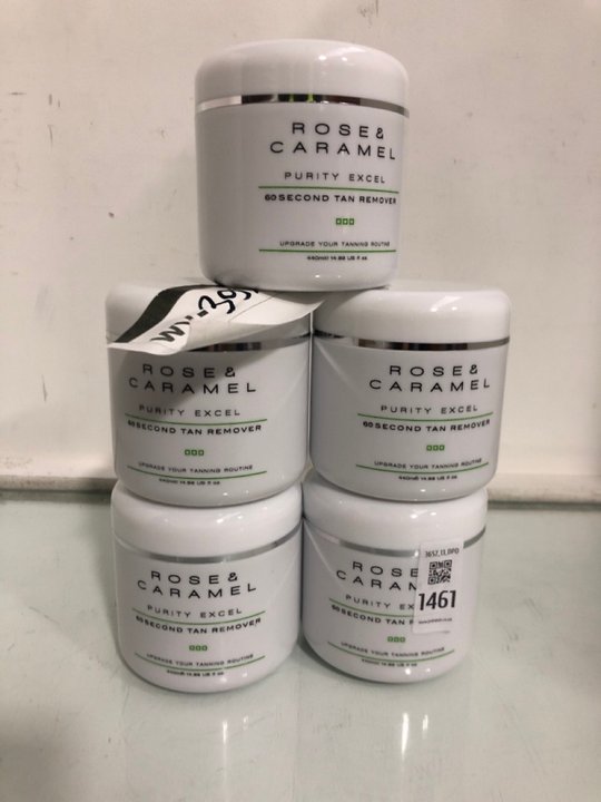 Lot 1461  
            Marchington SR13 - Parcel Delivery Only 

                
5 X ROSE & CARAMEL 440ML PURITY EXCEL 60 SECOND TAN REMOVER - COMBINED ORIGINAL R...