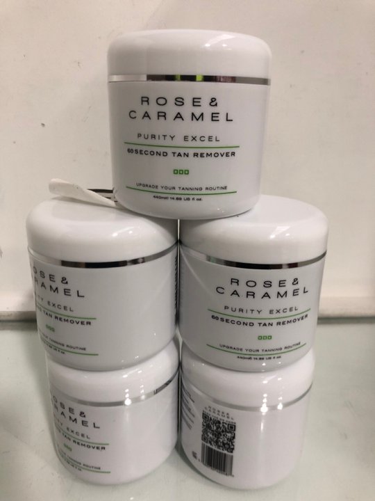 Lot 1462  
            Marchington SR13 - Parcel Delivery Only 

                
5 X ROSE & CARAMEL 440ML PURITY EXCEL 60 SECOND TAN REMOVER - COMBINED ORIGINAL R...