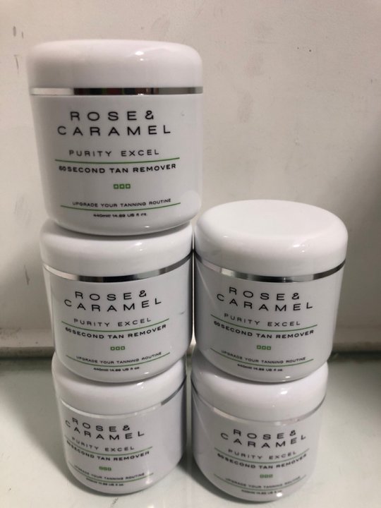 Lot 1465  
            Marchington SR13 - Parcel Delivery Only 

                
5 X ROSE & CARAMEL 440ML PURITY EXCEL 60 SECOND TAN REMOVER - COMBINED ORIGINAL R...