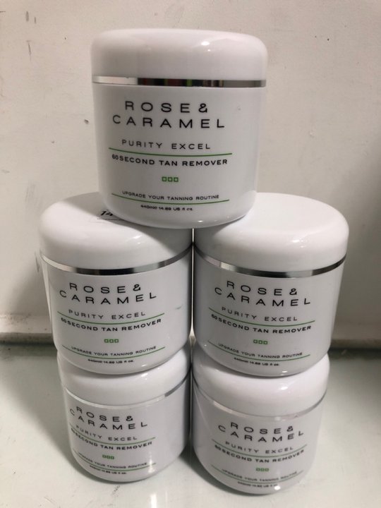 Lot 1466  
            Marchington SR13 - Parcel Delivery Only 

                
5 X ROSE & CARAMEL 440ML PURITY EXCEL 60 SECOND TAN REMOVER - COMBINED ORIGINAL R...