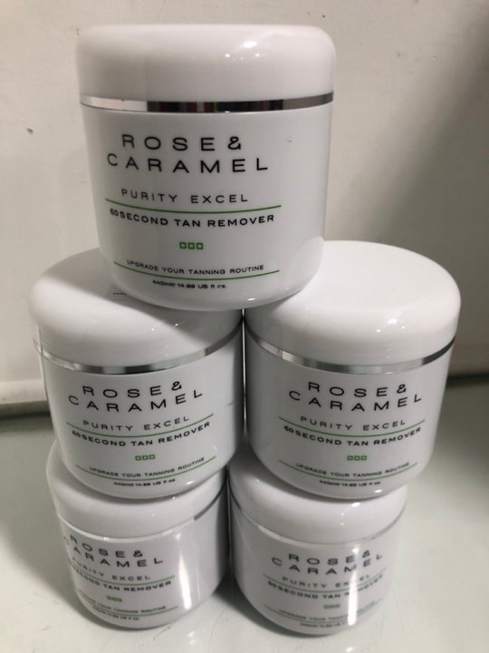 Lot 1469  
            Marchington SR13 - Parcel Delivery Only 

                
5 X ROSE & CARAMEL 440ML PURITY EXCEL 60 SECOND TAN REMOVER - COMBINED ORIGINAL R...