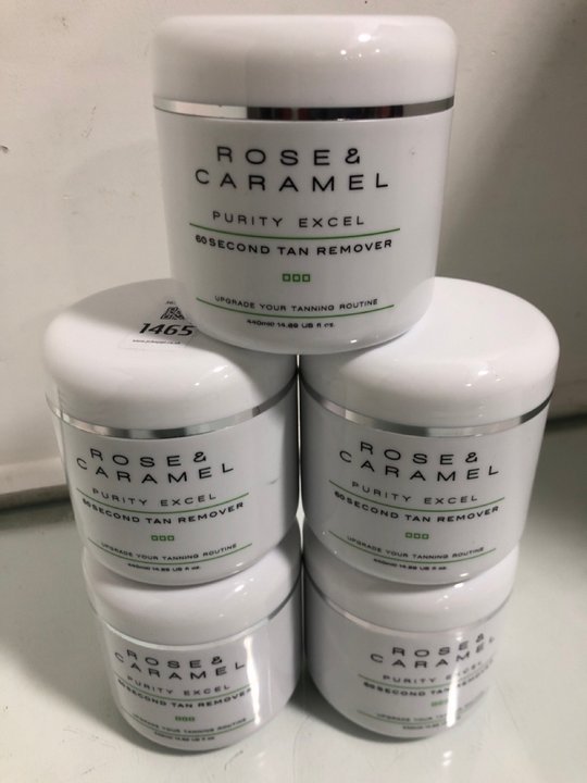 Lot 1470  
            Marchington SR13 - Parcel Delivery Only 

                
5 X ROSE & CARAMEL 440ML PURITY EXCEL 60 SECOND TAN REMOVER - COMBINED ORIGINAL R...