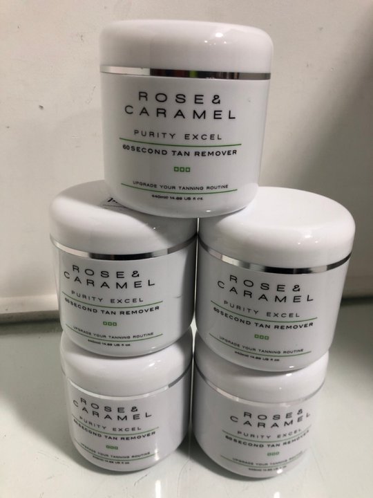 Lot 1473  
            Marchington SR13 - Parcel Delivery Only 

                
5 X ROSE & CARAMEL 440ML PURITY EXCEL 60 SECOND TAN REMOVER - COMBINED ORIGINAL R...