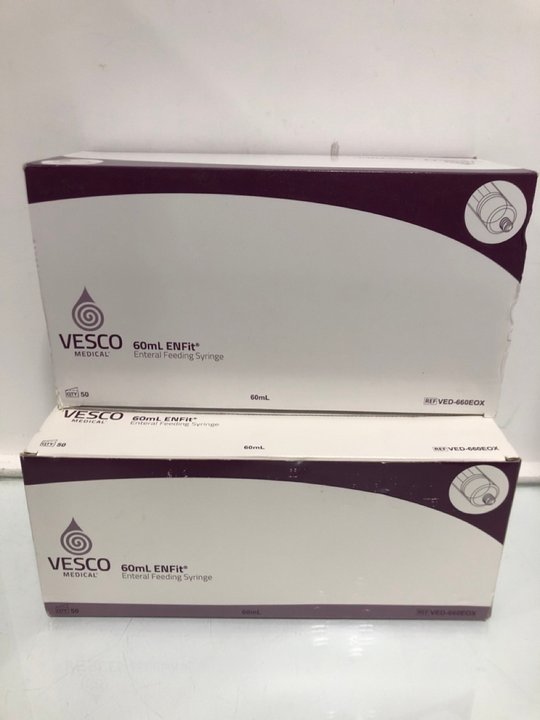 Lot 1485  
            Marchington SR13 - Parcel Delivery Only 

                
2 X VESCO MEDICAL 50 PACK 60ML ENTERAL FEEDING SYRINGES: LOCATION - A1