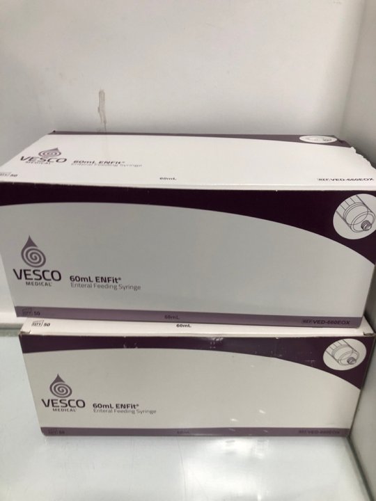 Lot 1486  
            Marchington SR13 - Parcel Delivery Only 

                
2 X VESCO MEDICAL 50 PACK 60ML ENTERAL FEEDING SYRINGES: LOCATION - A1