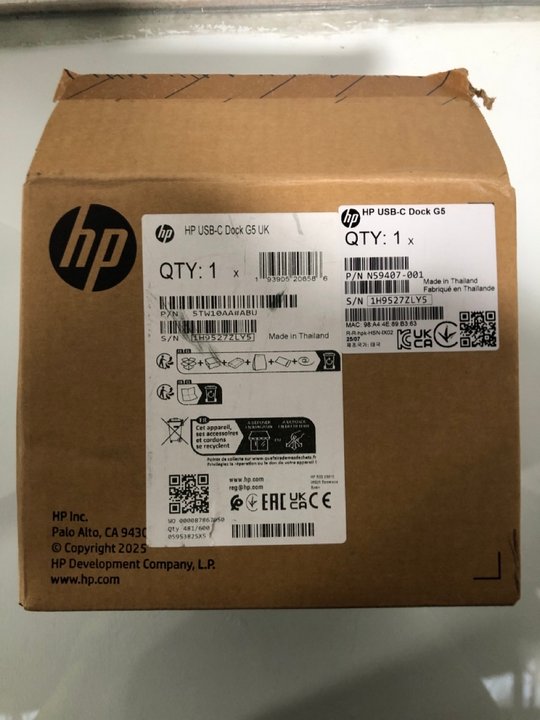 Lot 1498  
            Marchington SR13 - Parcel Delivery Only 

                
HP USB-C DOCK G5 UK - ORIGINAL RRP £149.99: LOCATION - A1