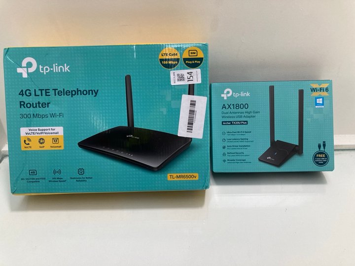 Lot 154  
            Marchington SR13 - Parcel Delivery Only 

                
TP-LINK 4G LTE TELEPHONY ROUTER TO INCLUDE TP-LINK AX1800 DUAL ANTENNAS HIGH GAIN...