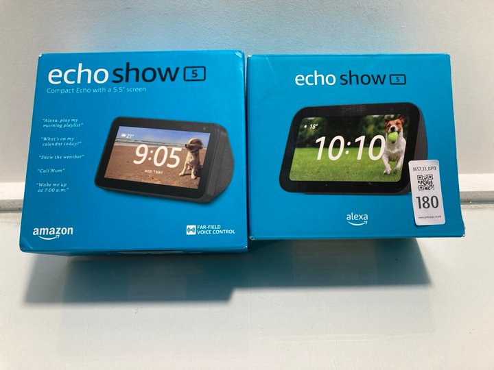 Lot 180  
            Marchington SR13 - Parcel Delivery Only 

                
2 X ALEXA ECHO SHOW 5-ORIGINAL COMBINED RRP £158.00: LOCATION - C14