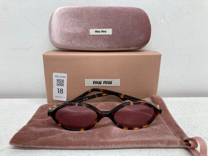 Lot 18  
            Marchington SR13 - Parcel Delivery Only 

                
MIU MIU MU 04ZS OVAL SUNGLASSES WITH A HONEY HAVANA TORTOISE FRAME AND PINK LENSE...