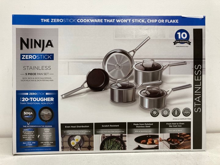 Lot 1  
            Marchington SR13 - Parcel Delivery Only 

                
NINJA ZERO STICK 5 PIECE STAINLESS STEEL COOKWARE SET-ORIGINAL RRP £159.99: LOCAT...