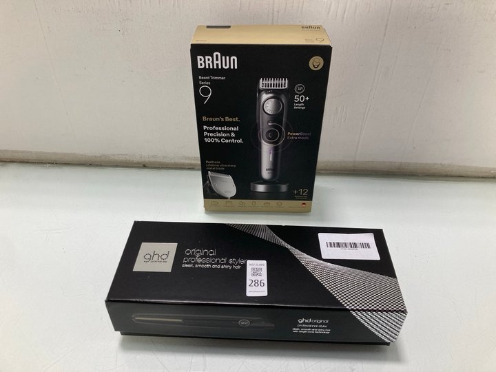Lot 286  
            Marchington SR13 - Parcel Delivery Only 

                
GHD ORIGINAL PROFESSIONAL HAIR STYLER TO INCLUDE BRAUN BEARD TRIMMER SERIES 9: LO...