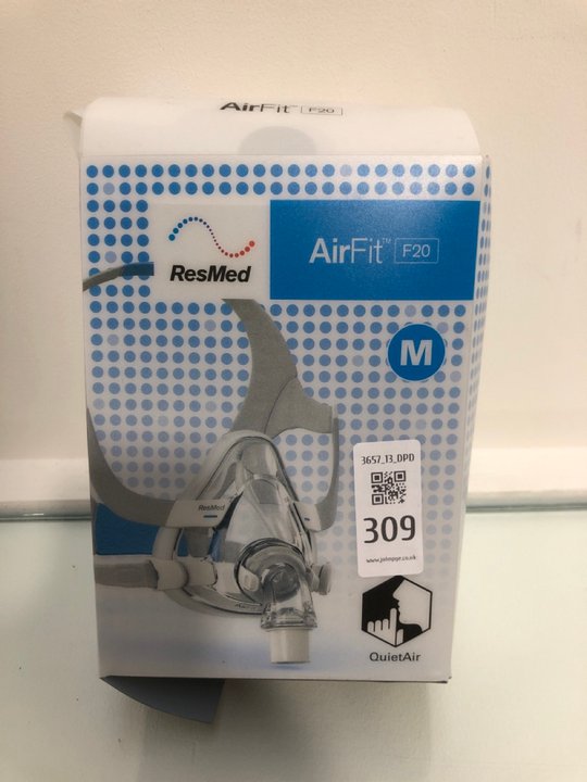 Lot 309  
            Marchington SR13 - Parcel Delivery Only 

                
RES MED AIRFIT F20 FULL FACE CPAP MASK WITH QUIET AIR - ORIGINAL RRP: £120.00: LO...