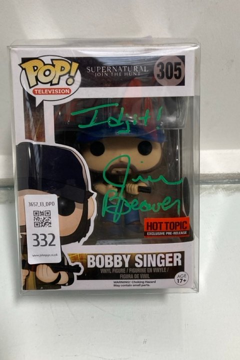 Lot 332  
            Marchington SR13 - Parcel Delivery Only 

                
POP! SUPERNATURAL BOBBY SINGER - JIM BEAVER SIGNED VINYL FIGURE: LOCATION - C7