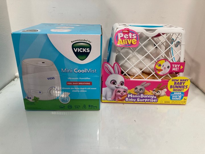 Lot 351  
            Marchington SR13 - Parcel Delivery Only 

                
VICKS MINI COOL MIST ULTRASONIC HUMIDIFIER TO INCLUDE ZURU PETS ALIVE MAMA BUNNY ...
