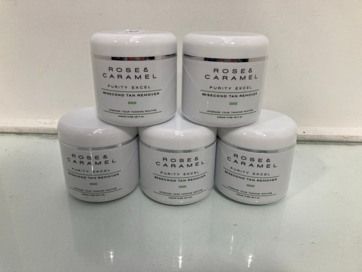 Lot 357  
            Marchington SR13 - Parcel Delivery Only 

                
5 X ROSE & CARAMEL 440ML PURITY EXCEL 60 SECOND TAN REMOVER - COMBINED ORIGINAL R...