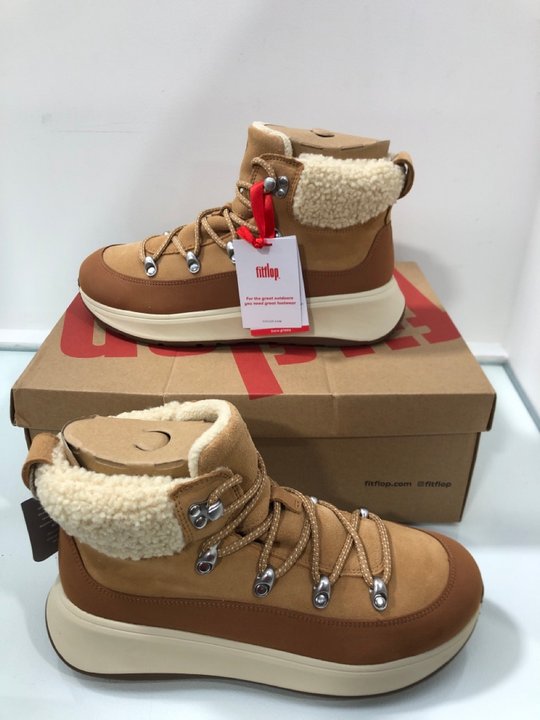 Lot 370  
            Marchington SR13 - Parcel Delivery Only 

                
FITFLOP F-MODE TEDDY-COLLAR WARM SUEDE LACE UP BOOTIES IN DESERT TAN - SIZE EU 41...