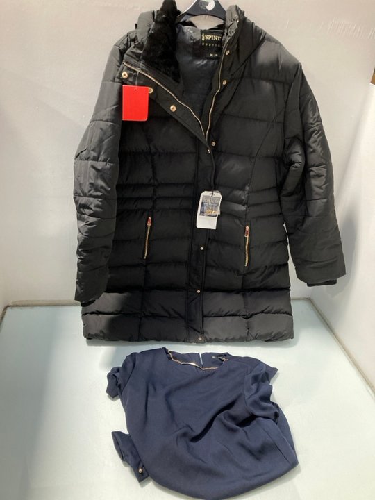 Lot 473  
            Marchington SR13 - Parcel Delivery Only 

                
SPINDLE WOMENS BROOKE COAT IN BLACK/GOLD - SIZE UK 3XL TO INCLUDE ZARA L/S MINI D...