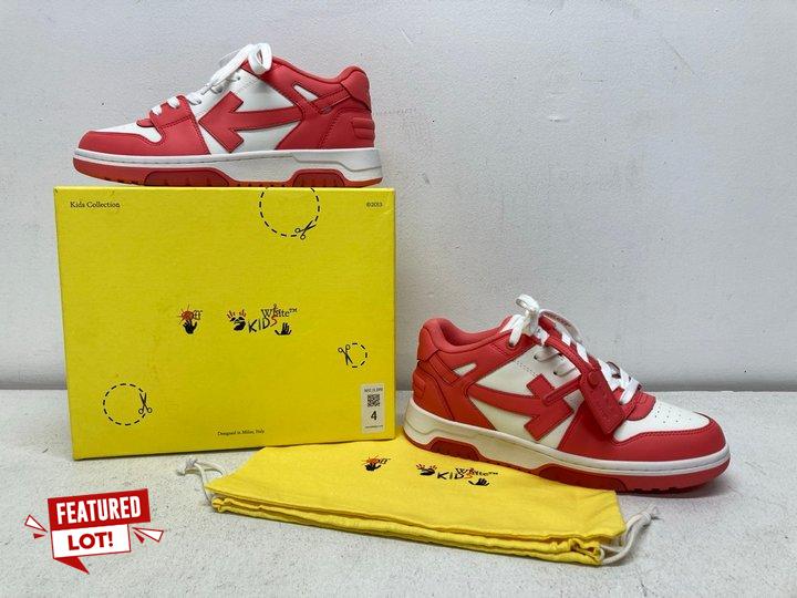 Lot 4  
            Marchington SR13 - Parcel Delivery Only 

                
OFF WHITE KIDS COLLECTION OUT OF OFFICE TRAINERS IN WHITE & RED -UK SIZE 5-ORIGIN...
